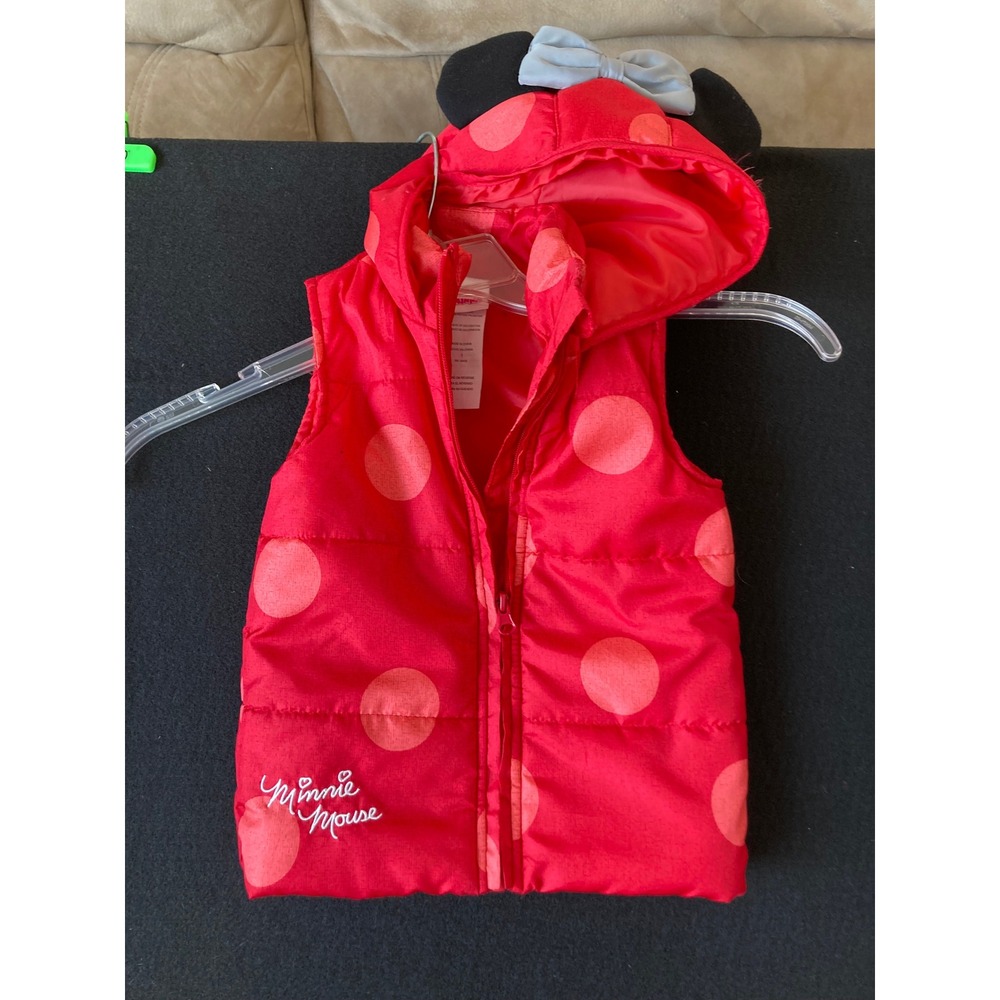 Disney Minnie Mouse Red Polka Dot Puffer‎ Vest Hooded Ears Bow Kids Size 3T